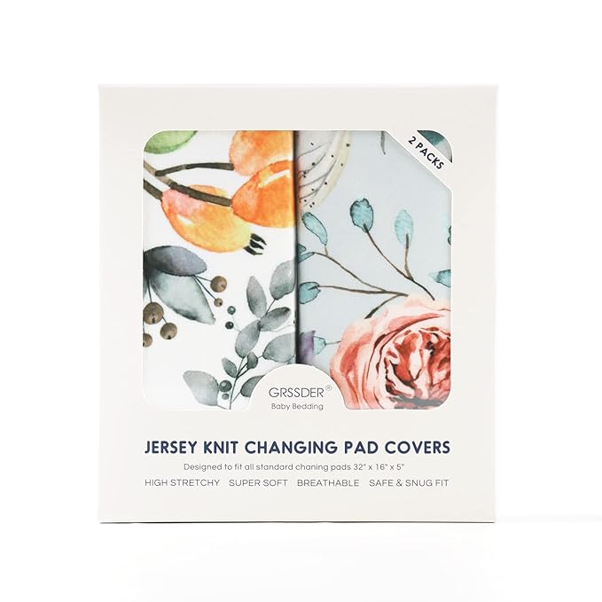 GRSSDER Stretch Ultra Soft Jersey Knit Changing Pad Cover Set 2 Pack, Change Table Pad Covers Fit 32"/34" x 16" Pads Safe and Snug, Stylish Watercolor Flowers and Fruits for Girls