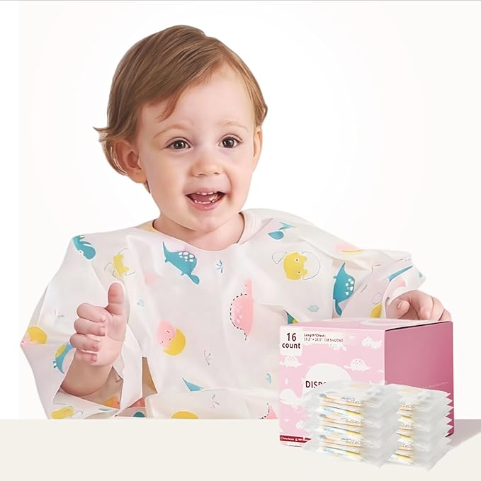 SauGonb Disposable Baby Bibs for Baby Boys and Girls - Long Sleeve Bib Individually Wrapped Waterproof Baby Bibs 16/36 pcs