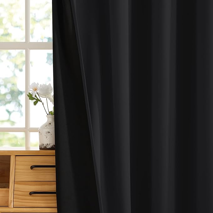 RYB HOME 100% Blackout Black Curtains for Bedroom Living Room, Thermal Insulated Heat Blocking Noise Reducing Window Curtains & Drapes for Kids Room, 52 inches Wide by 90 inches Long, 2 Panels Set