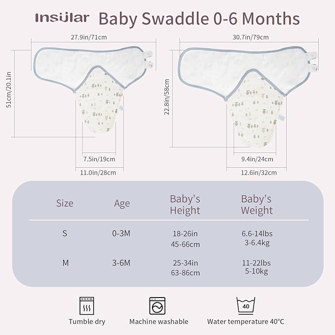 insular Baby Swaddle Wrap, Swaddle Blanket for Newborn and Infant, Adjustable Swaddling Set for Boy and Girl, Soft Cotton Baby Sleep Sack 3 Pack, Sheep&Cloud, Small(0-3 Month)