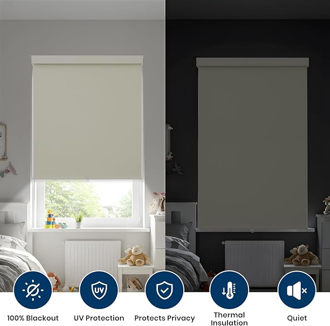 100% Blackout Roller Shades Cordless Blinds for Indoor Windows,Free-Stop Window Shades Pull Down,Thermal Insulated Fabric UV Protection,Blackout Window Guard Blinds for Home,Office,Ivory,48" W x 72" H