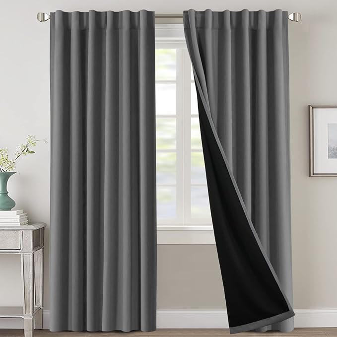 H.VERSAILTEX 100% Blackout Curtains for Bedroom with Black Liner Full Room Darkening Curtain 84 Inch Long Thermal Insulated Back Tab/Rod Pocket Window Treatment Drapes for Living Room, 2 Panels, Grey