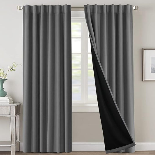 H.VERSAILTEX 100% Blackout Curtains for Bedroom with Black Liner Full Room Darkening Curtain 84 Inch Long Thermal Insulated Back Tab/Rod Pocket Window Treatment Drapes for Living Room, 2 Panels, Grey