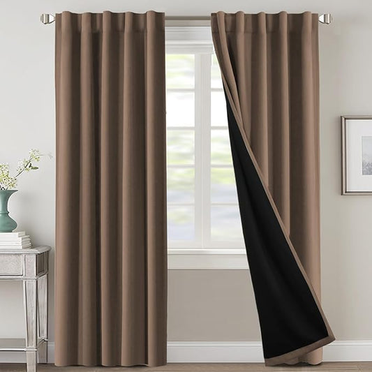 H.VERSAILTEX 100% Blackout Curtains for Bedroom with Black Liner Full Room Darkening Curtains Thermal Insulated Back Tab/Rod Pocket Window Drapes for Living Room, 2 Panels, 42 x 84 Inch, Macchiato