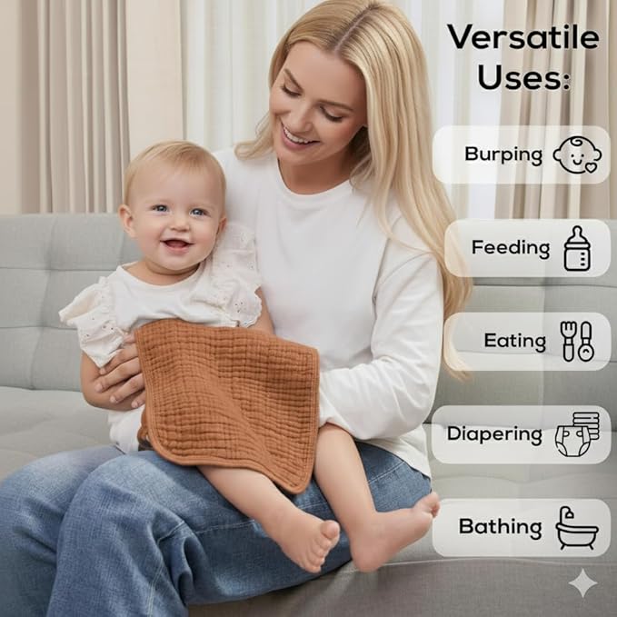 LILY O LAUREL Muslin Burp Cloths, 20"x10"- Pack of 8, 6 Layers Super Soft Absorbent & Breathable 100% Cotton for Baby Drool and Messes, Burp Cloth Baby Boy and Burp Cloths Baby Girl