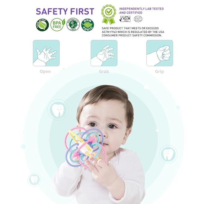 WEofferwhatYOUwant Baby Sensory Teether Ball Soft Rattle Rings for Teething Relief Chewing Grasping BPA Free Newborn Infant Toy 0-6 Months Montessori Soothing Portable Developmental Toy