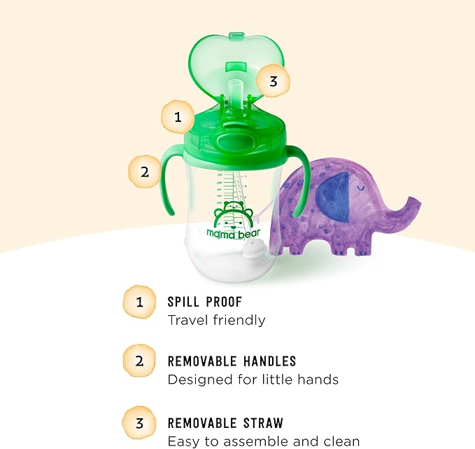 Mama Bear Sippy Cup, Silicone, 9 Ounces | Weighted Straw | Pack of 4 | Blue/Green
