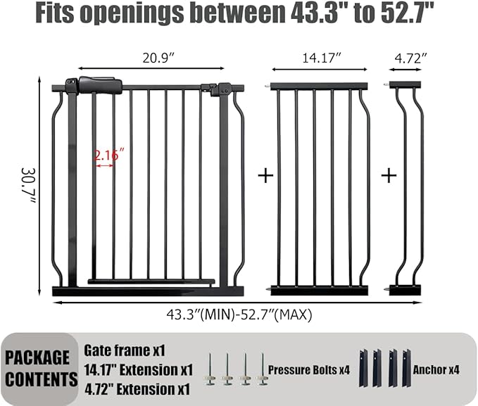 Extra Wide Baby Gate 48-52.7 Inch - Tension Mounted Dog Gate Indoor for Banisters & Wide Hallways - Black Metal, Walk-Through Safety Gate for Kids & Pets