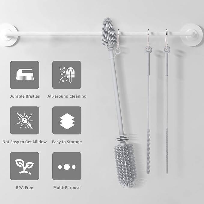 Silicone Bottle Brush and Straw Cleaner Set,Water Bottle Brush Double-Headed,Straw Brush Silicone,Bottle Cleaner Brush for Thermoses and Sports/Water Bottles/Dish/Cup (Grey)