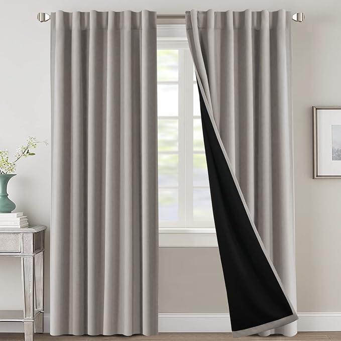 H.VERSAILTEX 100% Blackout Curtains for Bedroom with Black Liner Full Room Darkening Curtains 84 Inches Long Thermal Insulated Back Tab/Rod Pocket Window Drapes for Living Room, 2 Panels, Warm Taupe