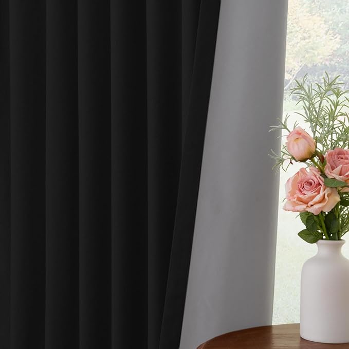 INOVADAY 100% Blackout Curtains for Bedroom, Black Out Curtains 102 Inch Long, Clip Rings Linen Blackout Drapes, Thermal Insulated Room Darkening for Living Room, 2 Panels - Black,W50xL102