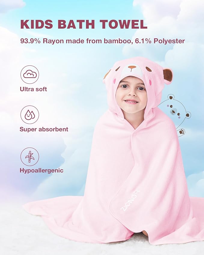 ZIONOR Hooded Bath Towel for Kids - 50''L x 35''W Extra-Large Hooded Towels for Big Kids 6-10, Kids Beach Towels Made from Bamboo Rayon, Suitable for Bath, Pool, Beach(Pink Bear)