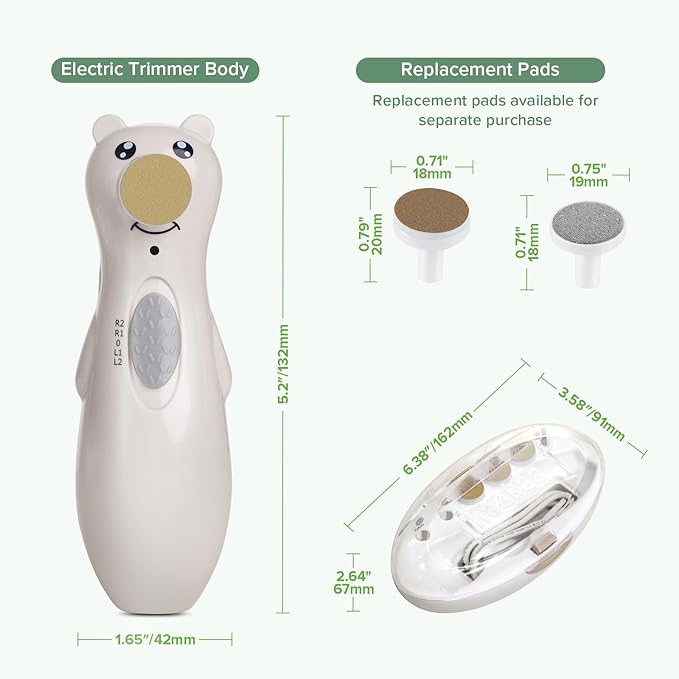 haakaa Rechargeable Baby Nail Trimmer with LED Light, Rechargeable Baby Nail File for Toddler/Newborn/Adults Toes and Fingernails, Additional Replacement Heads & Charging Cable, Compact Case, Pebble