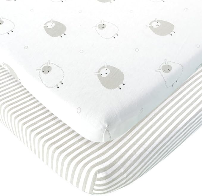 Cuddly Cubs Pack n Play Sheets | 2 Pack Playard Sheet for Baby Girl and Boy | Pure Jersey Cotton Unisex Mini Portable Crib Sheets | Sheep and Stripe in Grey | Compatible with Graco Pack and Play