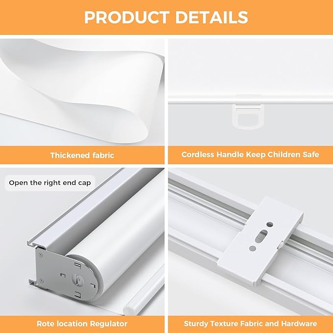 Cordless Roller Shades Blackout Blinds for Windows Room Darkening Rolled Up Shades with Spring System, UV Protection Window Shades Door Blinds for Home and Office (White, 70" W x 72" H)
