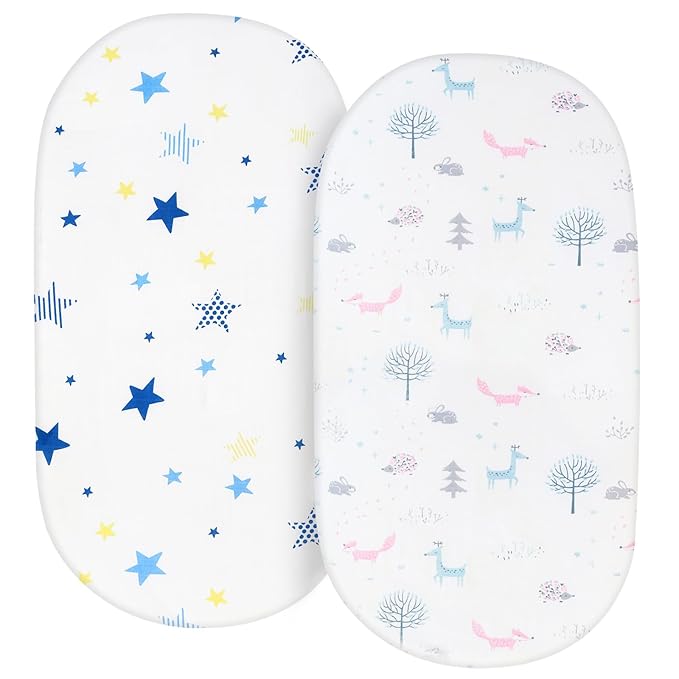 Muslin Bassinet Sheets Fit for Halo, Dream on Me, Fisher Price, Delta, Graco and Other Oval & Hourglass Mattresses, Unisex for Baby Girl/Boy, Ultra Soft and Breathable, 2 Pack