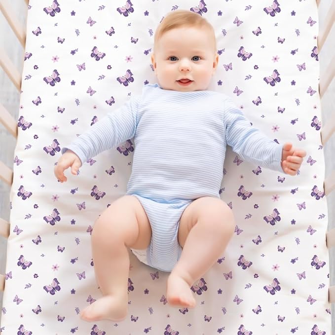 4 Pack Butterfly Baby Crib Sheets for Baby Girls Purple Crib Fitted Sheets for Standard Size Crib and Toddler Mattress Soft and Breathable (Crib)