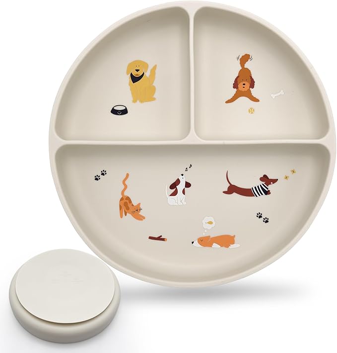 Silicone Suction Plates with Dividers - Grip Plates for Babies 6-12 Months and Toddlers 1-3, Toddler and Baby Dishes, Baby Led Weaning Essentials, Dishwasher Safe (Beige - Dogs and Cats)