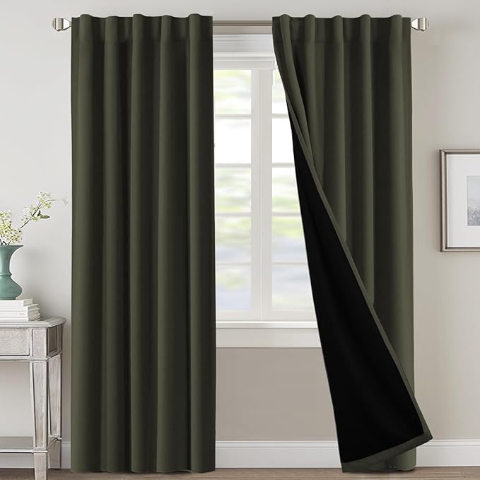 H.VERSAILTEX 100% Blackout Curtains for Bedroom with Black Liner Full Room Darkening Curtains Thermal Insulated Back Tab/Rod Pocket Window Drapes for Living Room, 2 Panels, 42 x 84 Inch, Olive