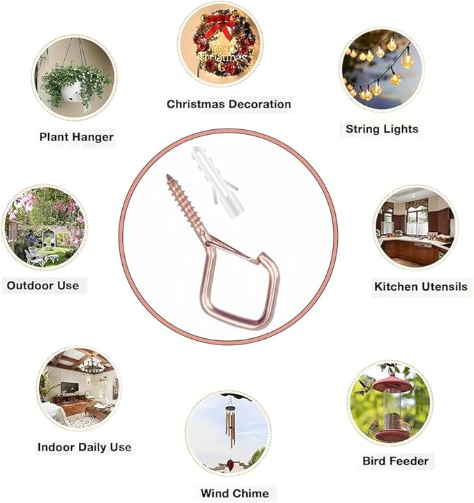 32-Pack Heavy-Duty Rose Gold Screw Eye Hooks with Safety Clips | Metal Ceiling Hooks for Hanging Plants, Wind Chimes, Bird Feeders & Indoor/Outdoor Lights