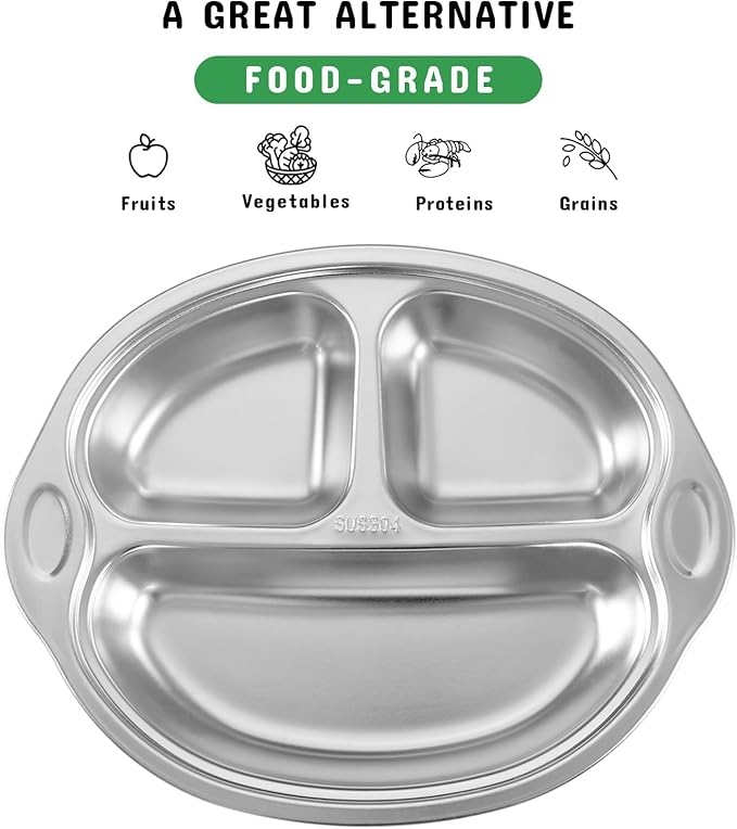 Mrs. Chou Stainless Steel Baby Suction Plates: Divided Plates for Babies and Toddlers, Made of 100% Food-Grade Materials Ideal for Baby-Led Weaning BPA-Free Toddler Feeding Dishwasher Safe Green