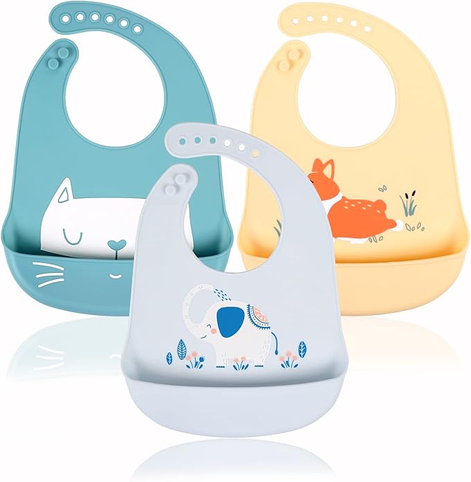YINGJEE Baby Silicone Feeding Bibs, 3pcs Adjustable Waterproof Bibs for Feeding
