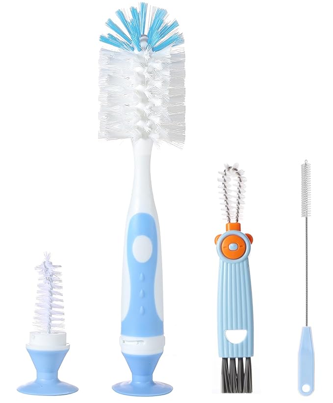 Ariseno 4-in-1 Baby Bottle Brush Set, Bottle Brush for Baby, Bottle Cleaner Brush Set, Including Nylon Bottle Brush, Bottle Cap Brush, Straw Brush, Nipple Brush, BPA-Free (Blue)