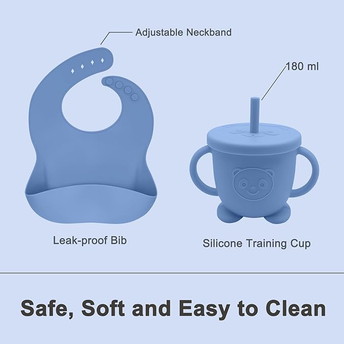 Munlinder Silicone Baby Feeding Set | Baby Led Weaning Supplies Includes Suction Bowls and Divided Plates, Adjustable Bib, Baby Utensils Spoons and Forks,Cup | Baby Feeding Essentials (Deep Blue)
