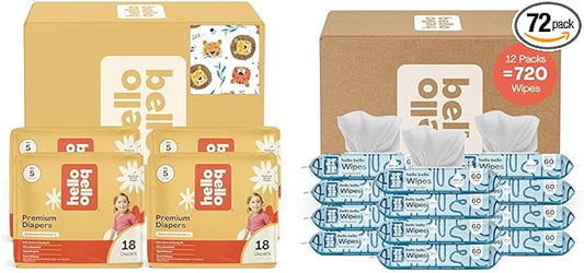 Hello Bello Diapers, Size 5 (27 lbs) Wild Cats, 72 Count Value Pack of Premium Disposable Baby Diapers, Hypoallergenic with Soft, Cloth-Like Feel + Extra Gentle Unscented Baby Wipes, 720 Count