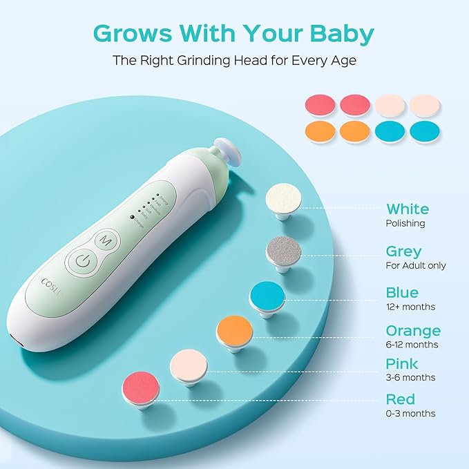 COSLUS Rechargeable Baby Nail File: Cordless Baby Nail Trimmer Electric with 5 Speeds & 6 Grinding Heads for Baby Kid, CPC Certified and Quiet Design - Safe for Sleep Trim Buffer, C52, Green