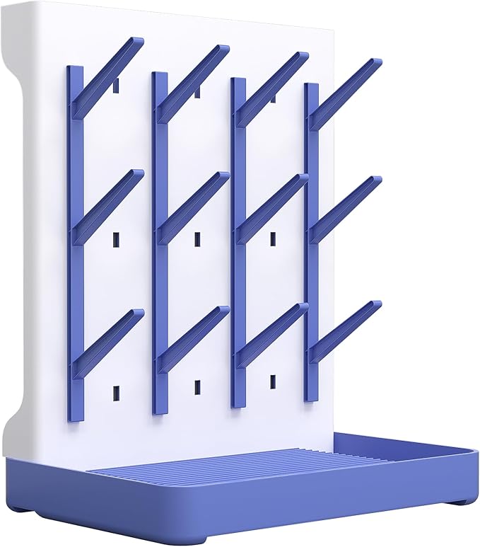 veyth Baby Bottle Drying Rack: Vertical Space Saving Standing Bottle Organizer for Countertop – Holds Glass Baby Bottles, Utensils, Pump Parts, Brushes & Pacifiers, Kitchen (Blue)