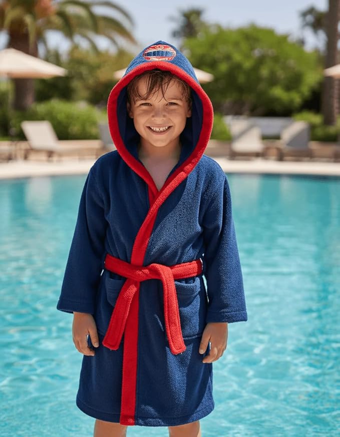 BAGNO MILANO Kids Organic Turkish Cotton Hooded Beach Cover-Up Towel, GOTS Certified, for Boys and Girls (Driver Navy, 5-6 Years)