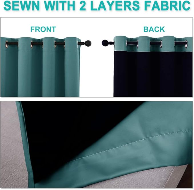 NICETOWN Full Shading Curtains 90" Long 2 Panels Set for Windows, Sea Teal, Pack of 2, 52" W, Super Heavy-Duty Black Lined Blackout Curtains for Bedroom, Privacy Assured Window Treatment