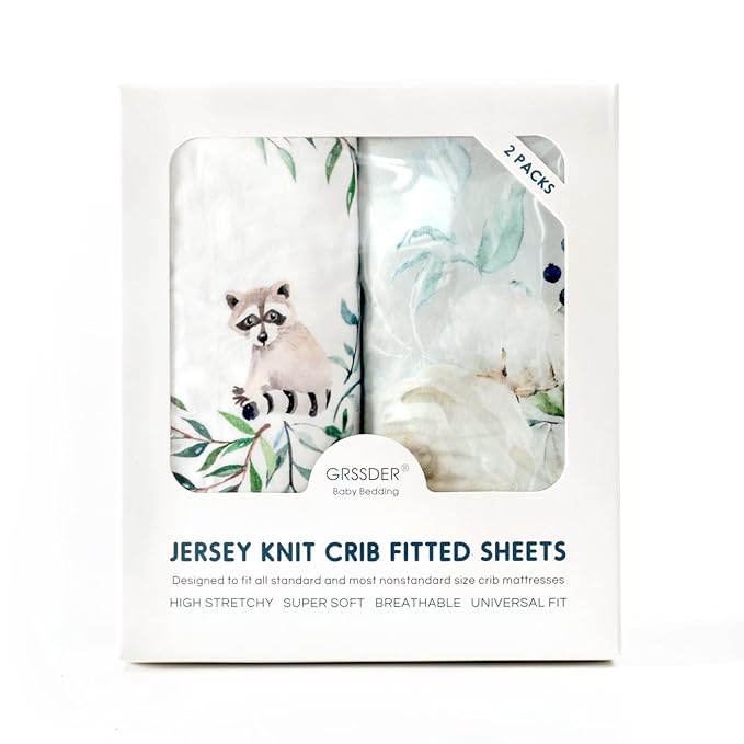 GRSSDER Ultra Soft Jersey Knit Fitted Crib Sheets Set 2 Pack, Breathable Stretchy Material with Deep Pocket, Universal Fit All Standard Crib Mattress Pads Safe and Snug for Boys and Girls
