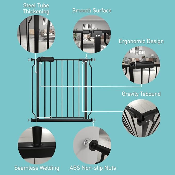 WAOWAO Baby Gate 48.03-52.76" Extra Wide Pressure Mounted Walk Through Swing Auto Close Safety Black Metal Toddler Kids Child Dog Pet Puppy for Stairs,Doorways,Kitchen