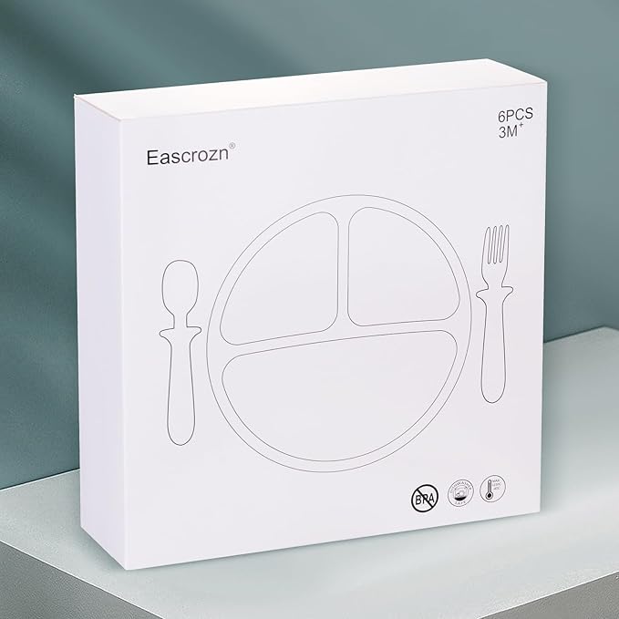 Eascrozn Silicone Baby Feeding Set, 2 Pack Divided Suction Plates for Baby, 2 Pack Spoons and Forks Set Baby Eating Essentials, Feeding Supplies for Toddler Utensils, BPA Free