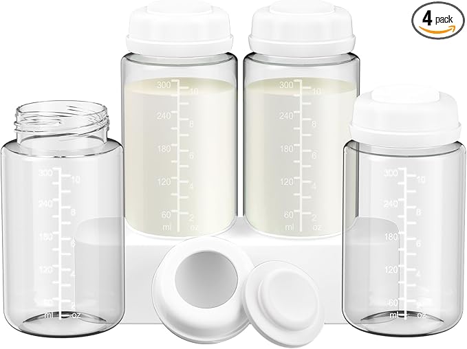 IVARONAL 4 Pack 10oz Wide-mouth Breastmilk Storage Bottle for Momcozy 22oz Portable Breast Milk Cooler, Pumping Storage Containers Compatible with Spectra S1/S2/9 Plus/SG/Motif Luna (4PC/White Lids)
