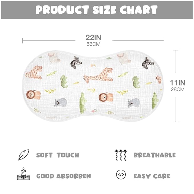 WELLDAY Muslin Baby Burp Cloths Set of 2, Soft Absorbent Safari Animals Muslin Washcloths, Bibs, Face Towel for Newborn Boys Girls, 22 x 11 Inch