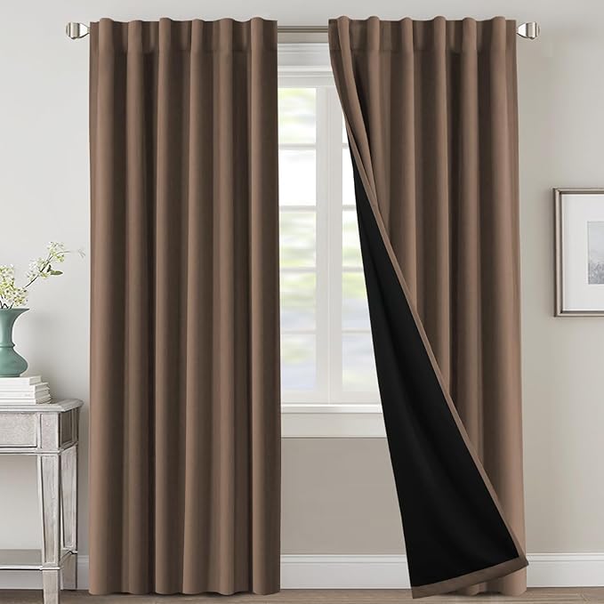 H.VERSAILTEX 100% Blackout Curtains for Bedroom with Black Liner Full Room Darkening Curtain 96 Inch Long Thermal Insulated Back Tab/Rod Pocket Window Drapes for Living Room, 2 Panels, Macchiato