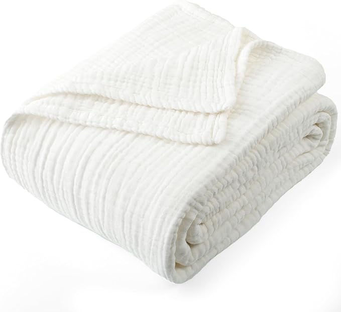 Carriediosa 100% Cotton Muslin Throw Blanket 108" X 90" King Size，4-Layers Summer Gauze Throws for Bed Couch，Soft Lightweight Breathable Linen Blankets Bedspread for Adults All Season，White