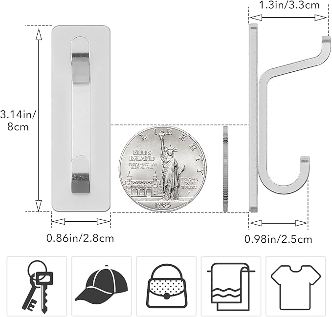 pickpiff Wall Hooks for Coat and Towel: 13LB Strong Adhesive Door Hanger Stick on, Silver 6 Pack