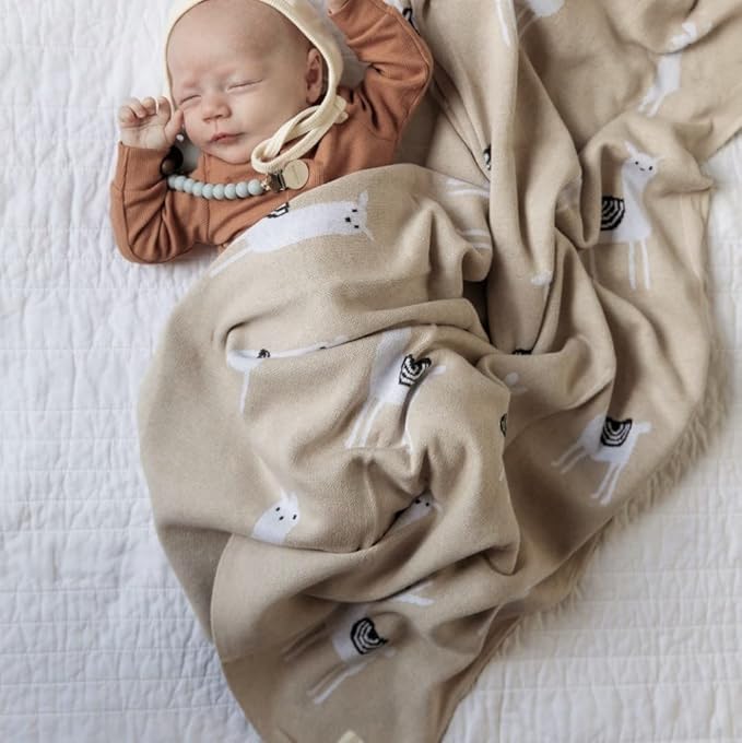 Baby Receiving Swaddle Stroller Blanket - 100% Fine Loomed Cotton Cozy Cuddle Crib Stroller Unisex Quilt Knit Blanket for Newborns Infants Toddler Boys and Girls (Llama - Baby Blue)