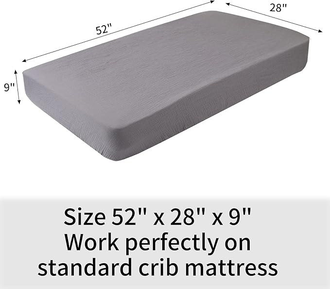Onacosht Muslin Crib Sheets for Boys Girls, Soft Breathable 100% Cotton Baby Fitted Sheet 52" x 28" for Standard Toddler Crib Mattress, 2 Pack, Grey and Green