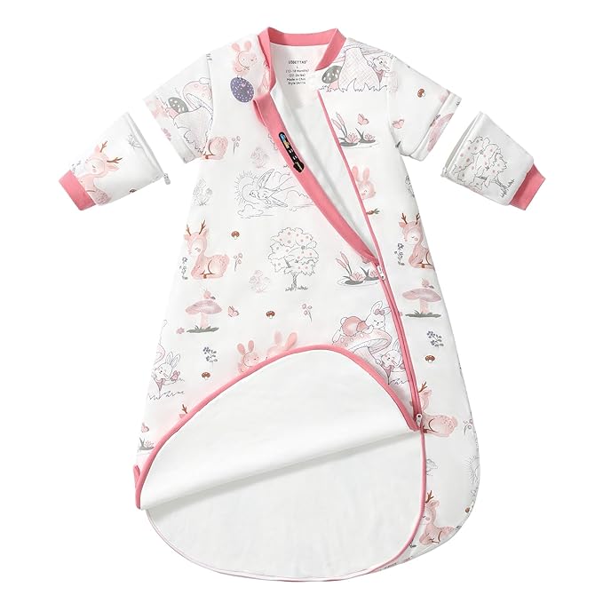 Baby Sleep Sack 18–24 Months, Cotton Sleep Sack with Detachable Long Sleeves, 1.0 TOG Wearable Blanket for Cooler Nights, 2-Way Zipper Toddler Sleeping Sack with Temperature Strip, Bunny