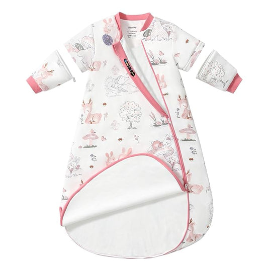 Baby Sleep Sack 18–24 Months, Cotton Sleep Sack with Detachable Long Sleeves, 1.0 TOG Wearable Blanket for Cooler Nights, 2-Way Zipper Toddler Sleeping Sack with Temperature Strip, Bunny