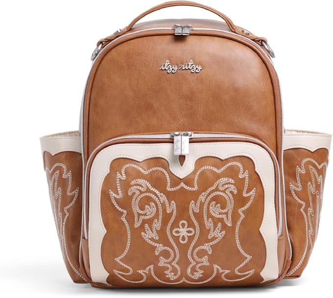 Itzy Ritzy Mini Diaper Bag Backpack – Chic, Compact Mini Plus Backpack with Changing Pad, 10 Pockets (6 Internal, 4 External), Grab-Top Handle & Rubber Feet (Saddle)