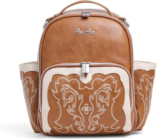 Itzy Ritzy Mini Diaper Bag Backpack – Chic, Compact Mini Plus Backpack with Changing Pad, 10 Pockets (6 Internal, 4 External), Grab-Top Handle & Rubber Feet (Saddle)