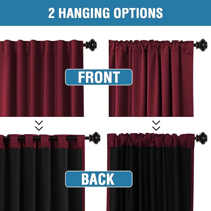 H.VERSAILTEX 100% Blackout Curtains for Bedroom with Black Liner Full Room Darkening Curtains 45 Inches Long Thermal Insulated Back Tab/Rod Pocket Window Drapes for Living Room, 2 Panels, Burgundy