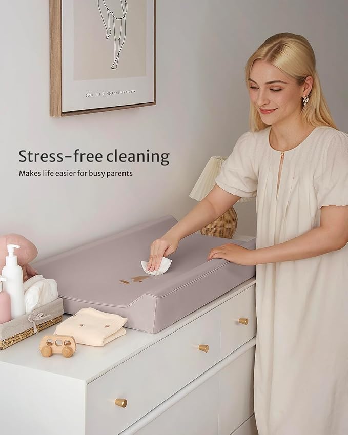 Blissful Diary Vegan Leather Baby Changing Pad with Waterproof & Wipe-Clean PU Cover, Standard Size Cozy Diaper Changing Pad for Dresser and Table, Taupe