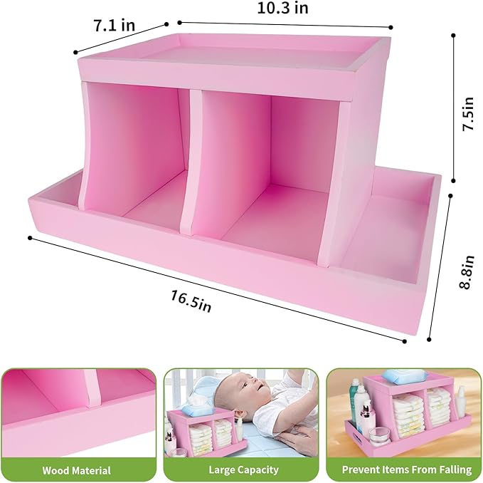 Diaper Caddy Organizer, Changing Table Organizer, Wooden Diaper Organizer for Nursery, Baby Diaper Storage Organizer with Removable Dividers (Pink, Rectangular Size)